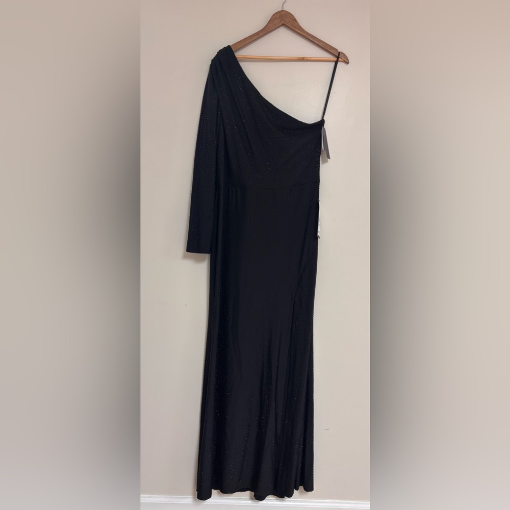 Xscape Black Dress One Shoulder Evening Gown Sexy Slit Formal Bodycon Maxi 14 - Picture 4 of 12